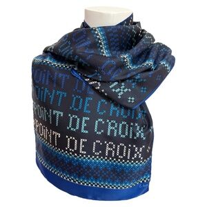 Vintage Echo Scarf – Blue “Point de Croix” Cross-Stitch Print – 15" x 46"